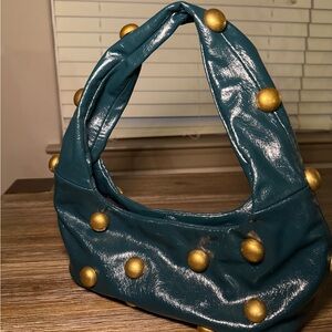 Zara Teal and Gold Studded Shoulder Bag